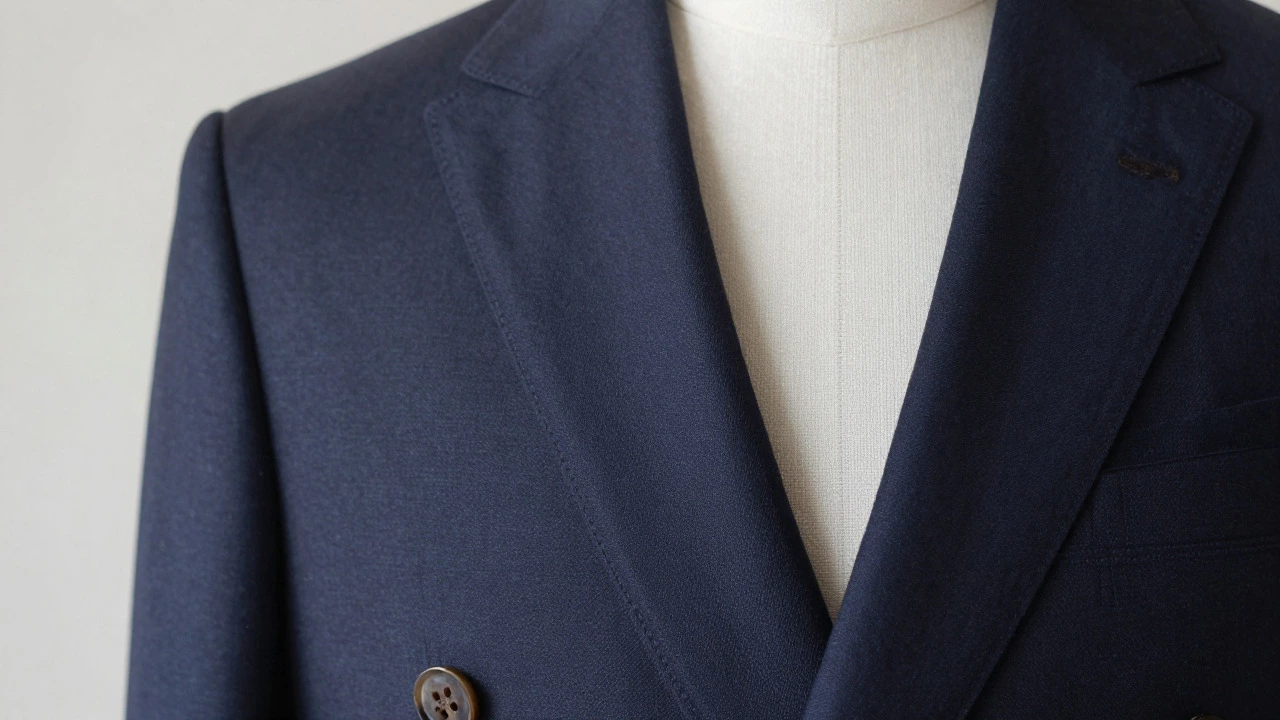 Close-up of horn buttons and half-lined suit jacket details