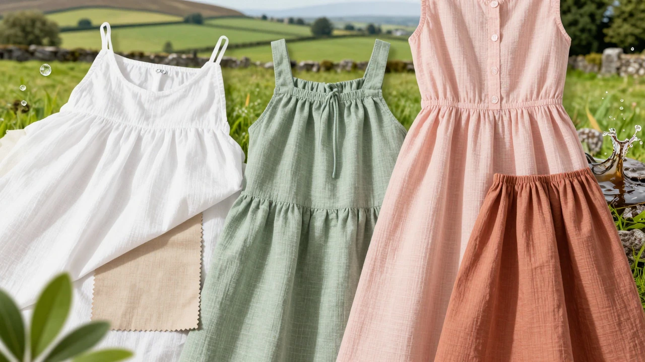 Close-up of linen and cotton fabrics in earth tones and pastels arranged against a green backdrop