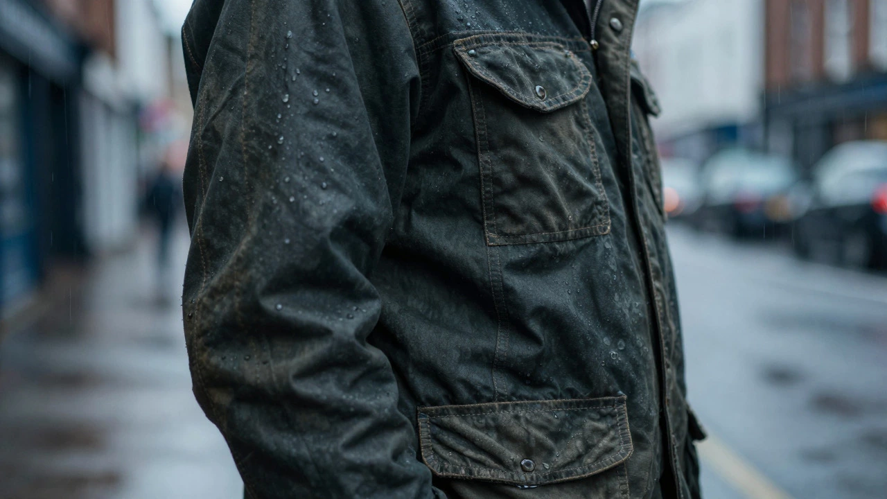 Close-up of water beading on waxed canvas jacket fabric in the rain