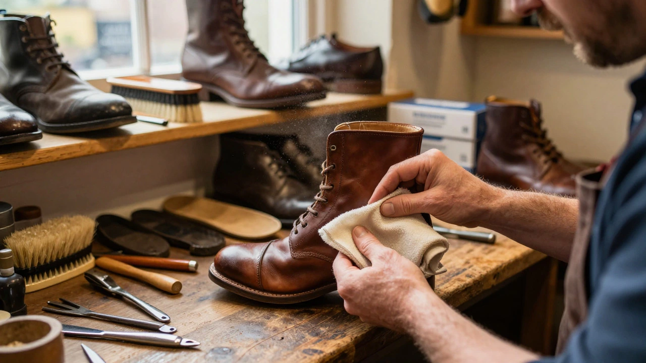 Cobbler conditioning leather boots in a workshop
