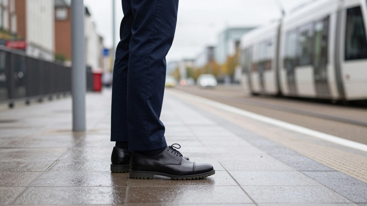 Commuter in business attire waiting for a tram in Dublin city