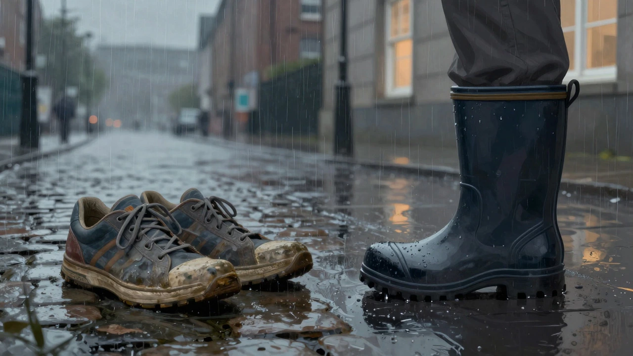 Comparison of wet casual sneakers and dry work shoes in rain