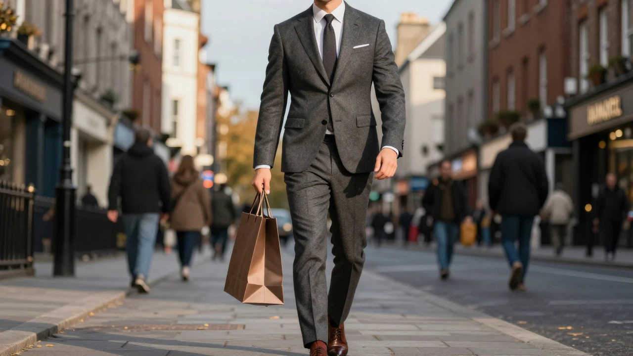 Confident man in a tailored suit walking in Dublin