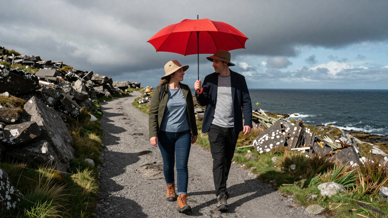 Couple hiking a coastal path in Ireland with an umbrella