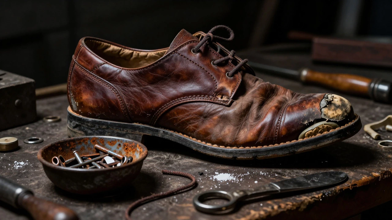 Damaged leather shoe with compressed midsole and rusted hardware on a workbench