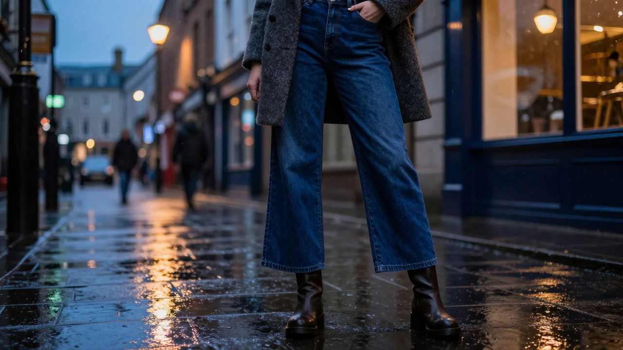 Dark indigo wide-leg jeans worn in rainy Temple Bar at night