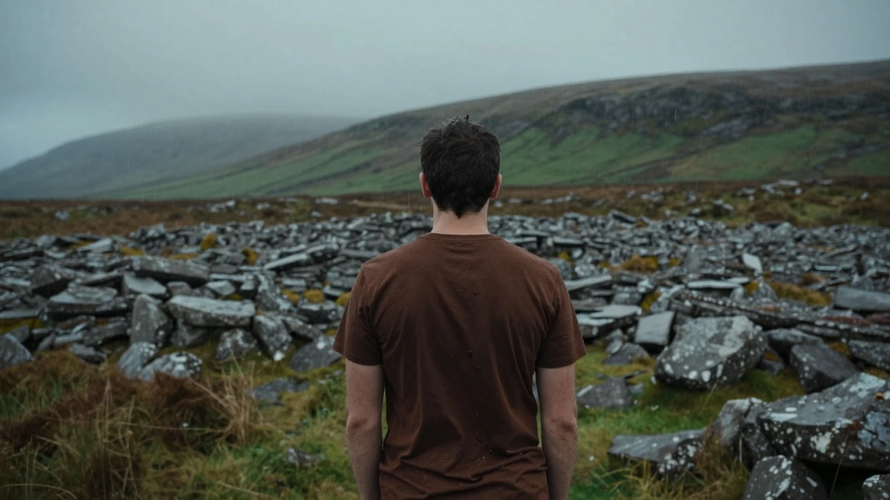 Figure in brown tee overlooking rainy Irish limestone landscape