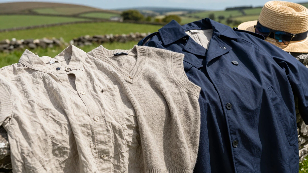 Flat lay of breathable linen and wool fabrics with summer accessories