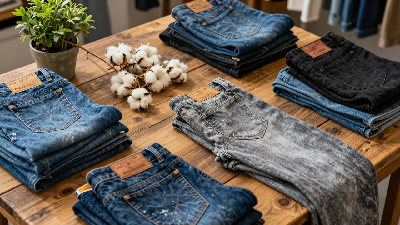 Flat lay of sustainable vintage denim fabrics and cotton fibers