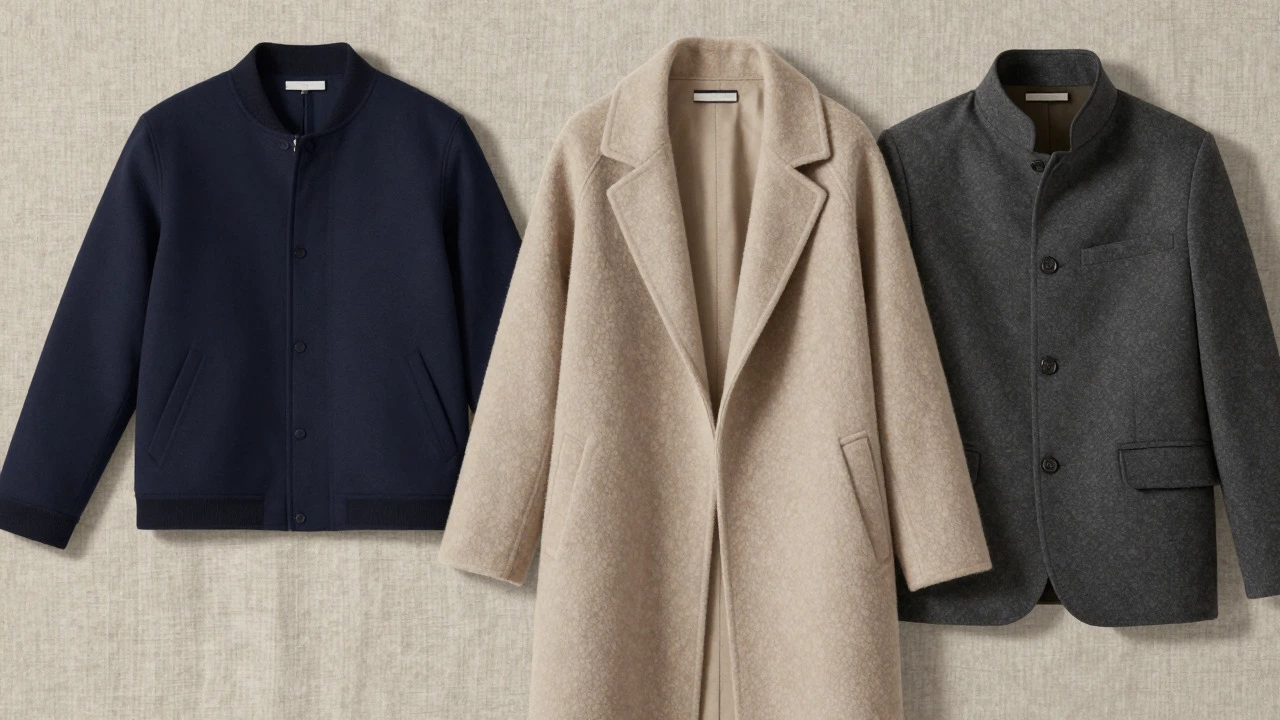 Flat lay of various collarless jackets on linen fabric