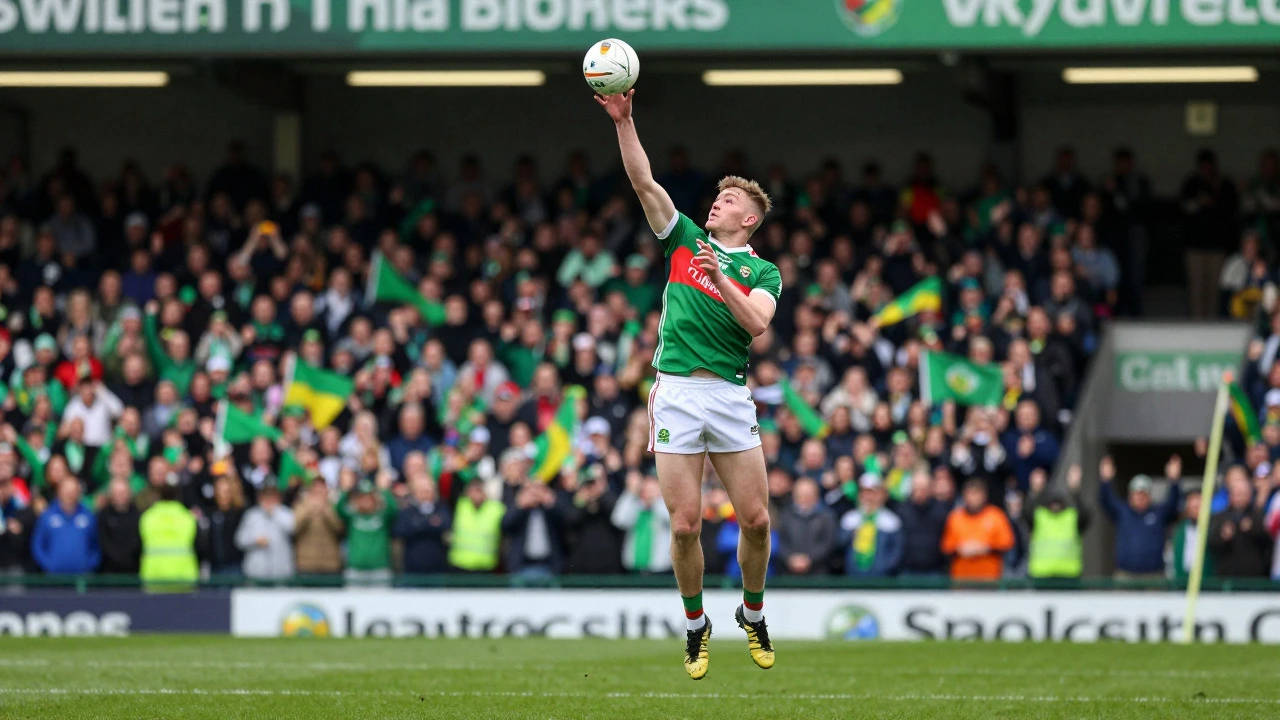 Gaelic football player in O'Neills jersey scoring goal at Croke Park