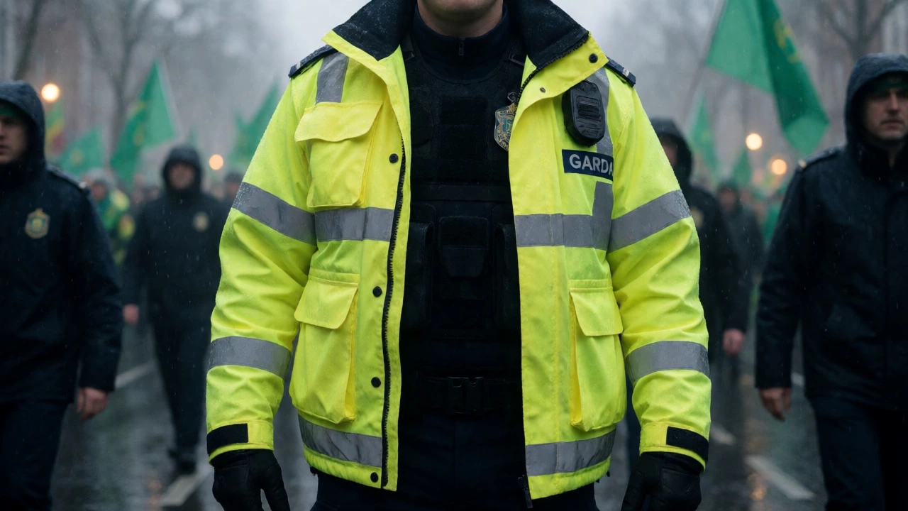 Garda officer in hi-vis tactical gear during rainy parade