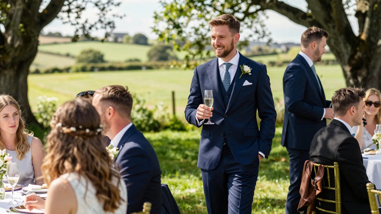 Gentleman in navy suit at Irish countryside wedding