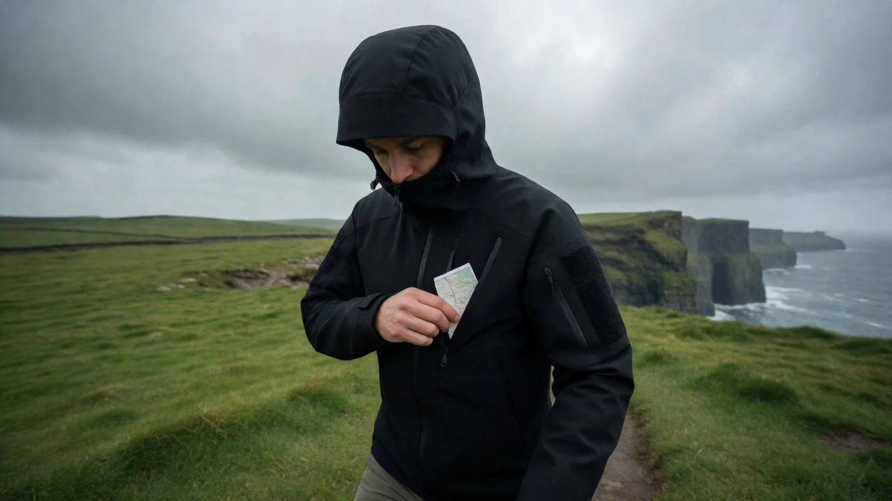 Hiker in tactical jacket on windy Cliffs of Moher