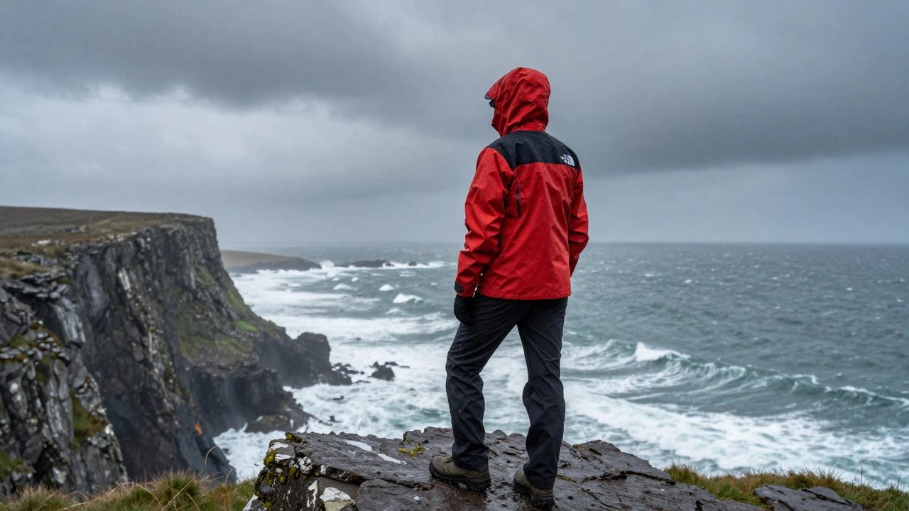 Hiker in waterproof jacket standing on Irish cliff edge during storm