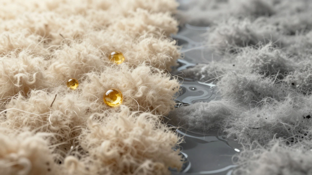 Illustration comparing healthy vs water-damaged sheepskin fibers