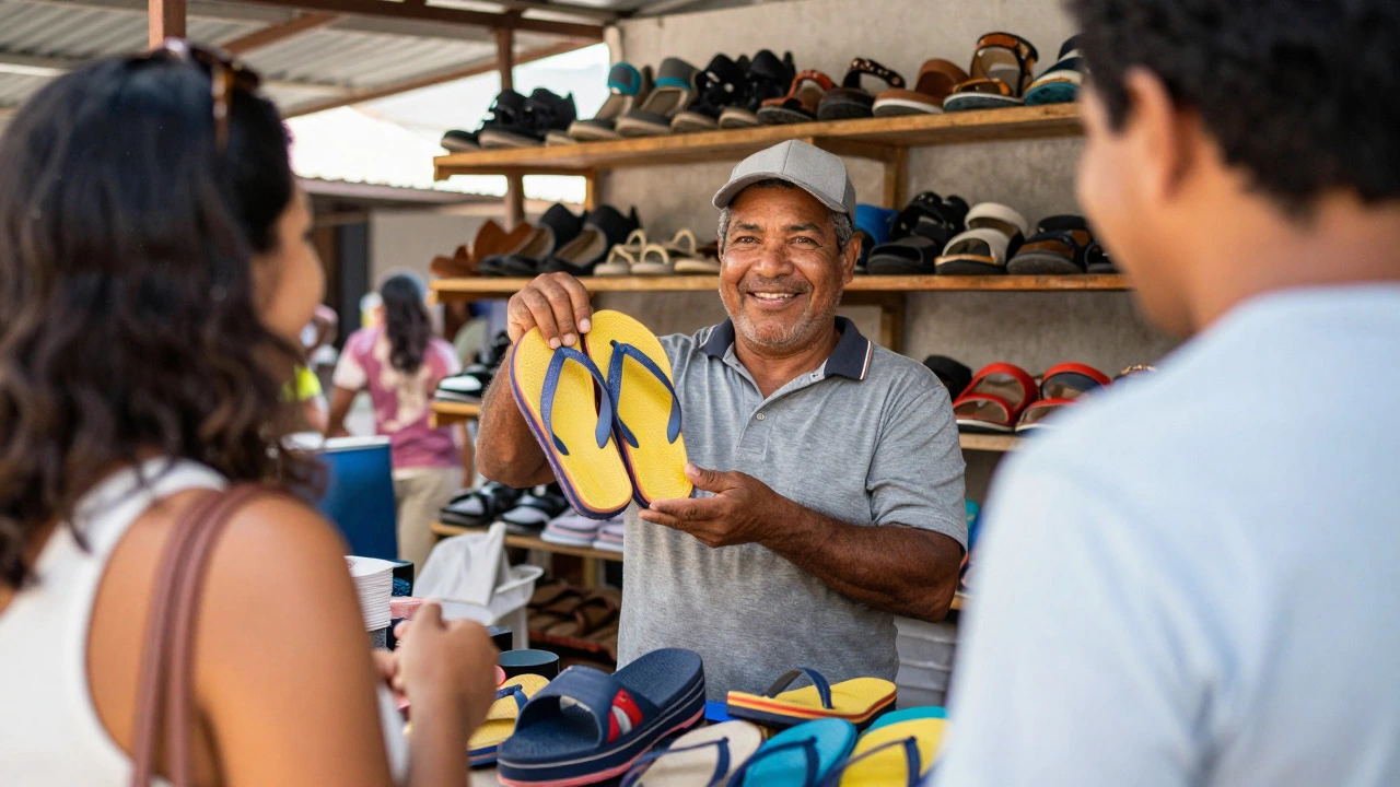 Local vendor holding up colorful rubber flip-flops in a busy Puerto Rican market