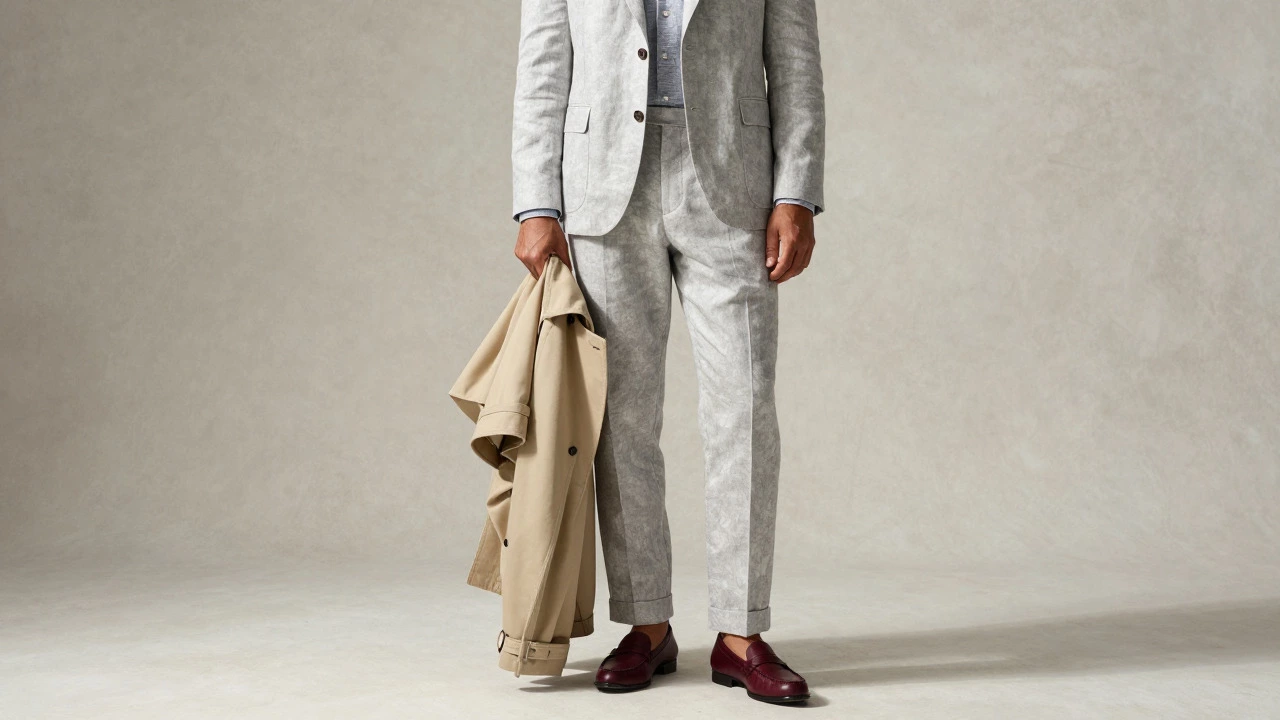 Man in light grey summer suit with trench coat