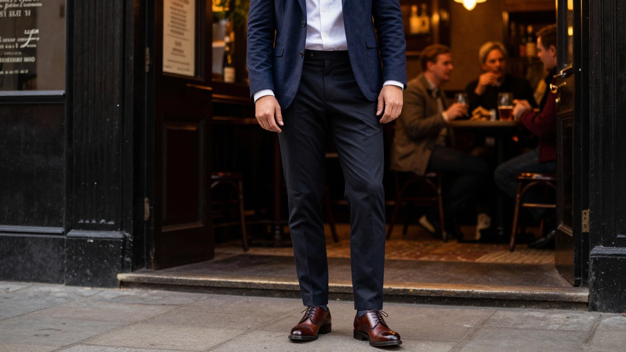Man in smart casual blazer and brogues outside Irish pub