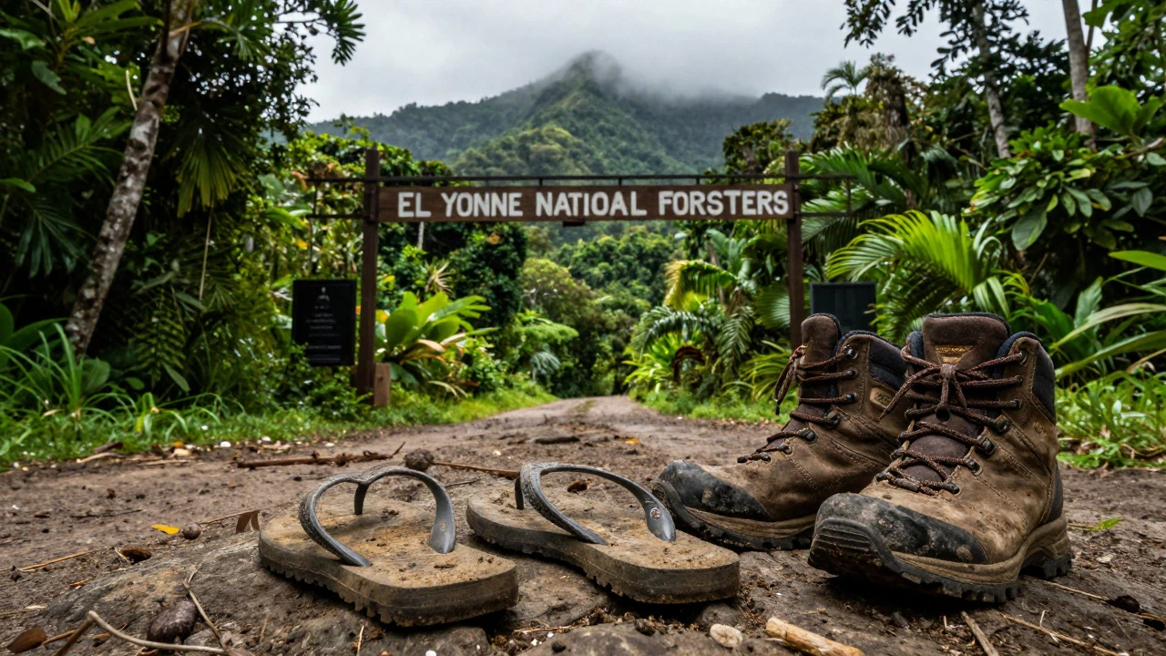 Muddy flip-flops left beside hiking boots at the entrance to El Yunque rainforest