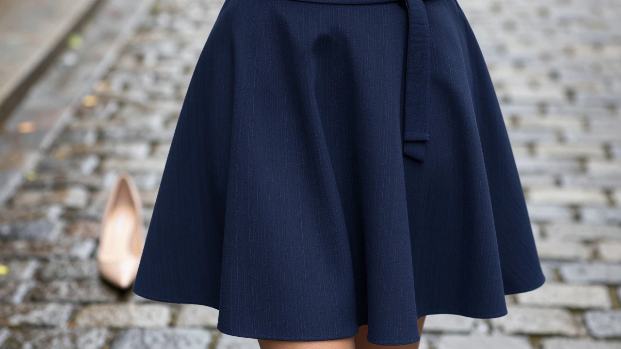 Navy A-line dress with belt showing matte fabric texture details