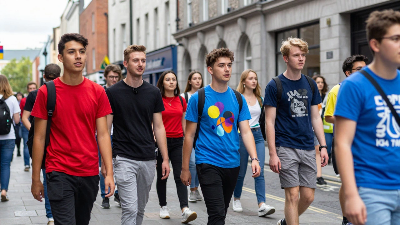 People in colorful t-shirts walking in Dublin