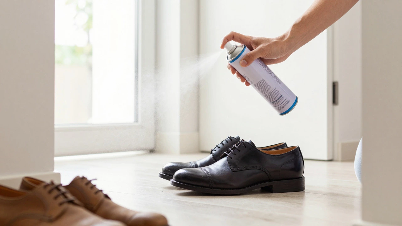 Person applying waterproofing spray to new leather shoes in a bright room