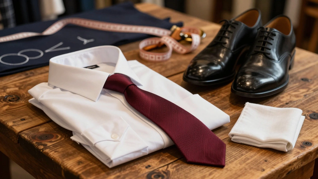 Polished shoes, tie, and shirt arranged on wooden table