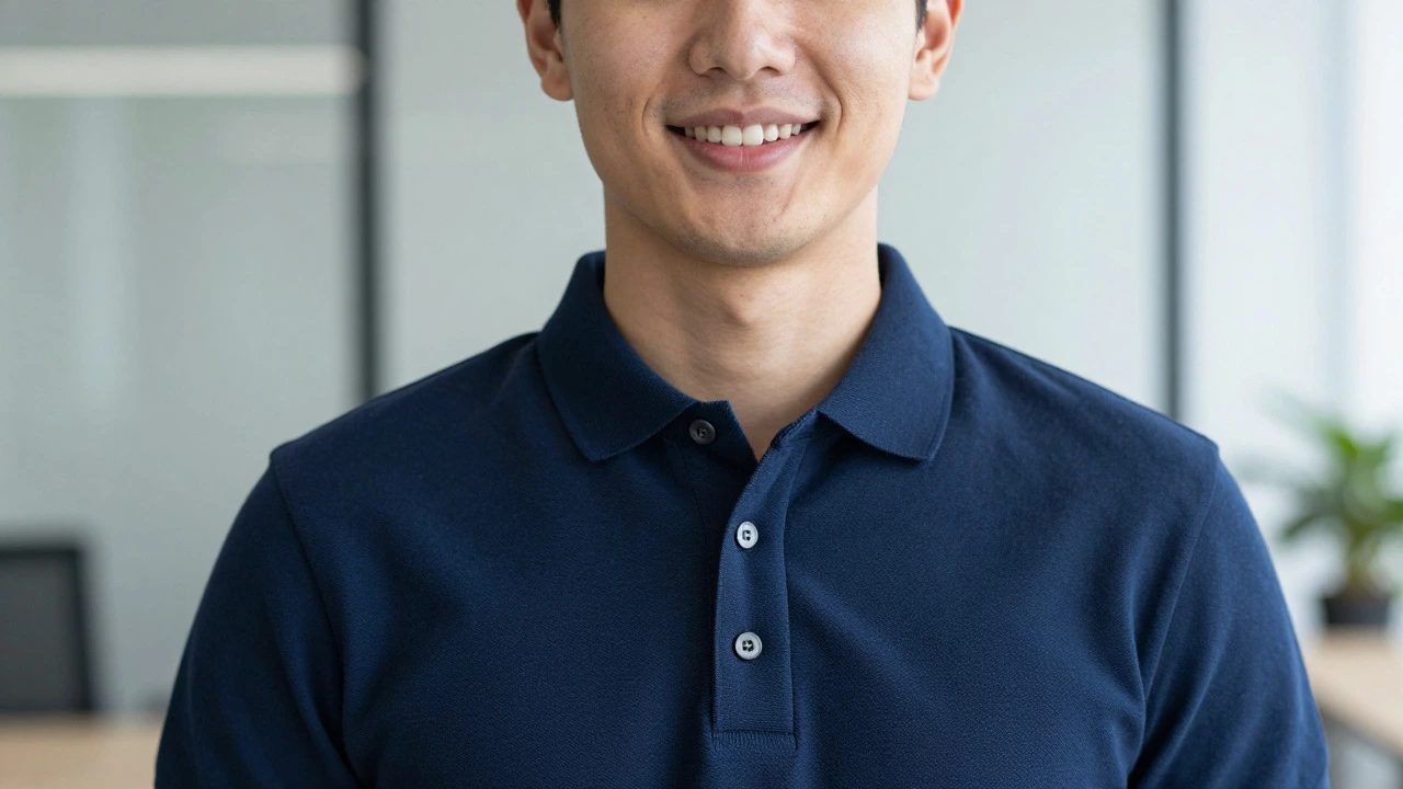 Professional in navy blue shirt looking approachable in office