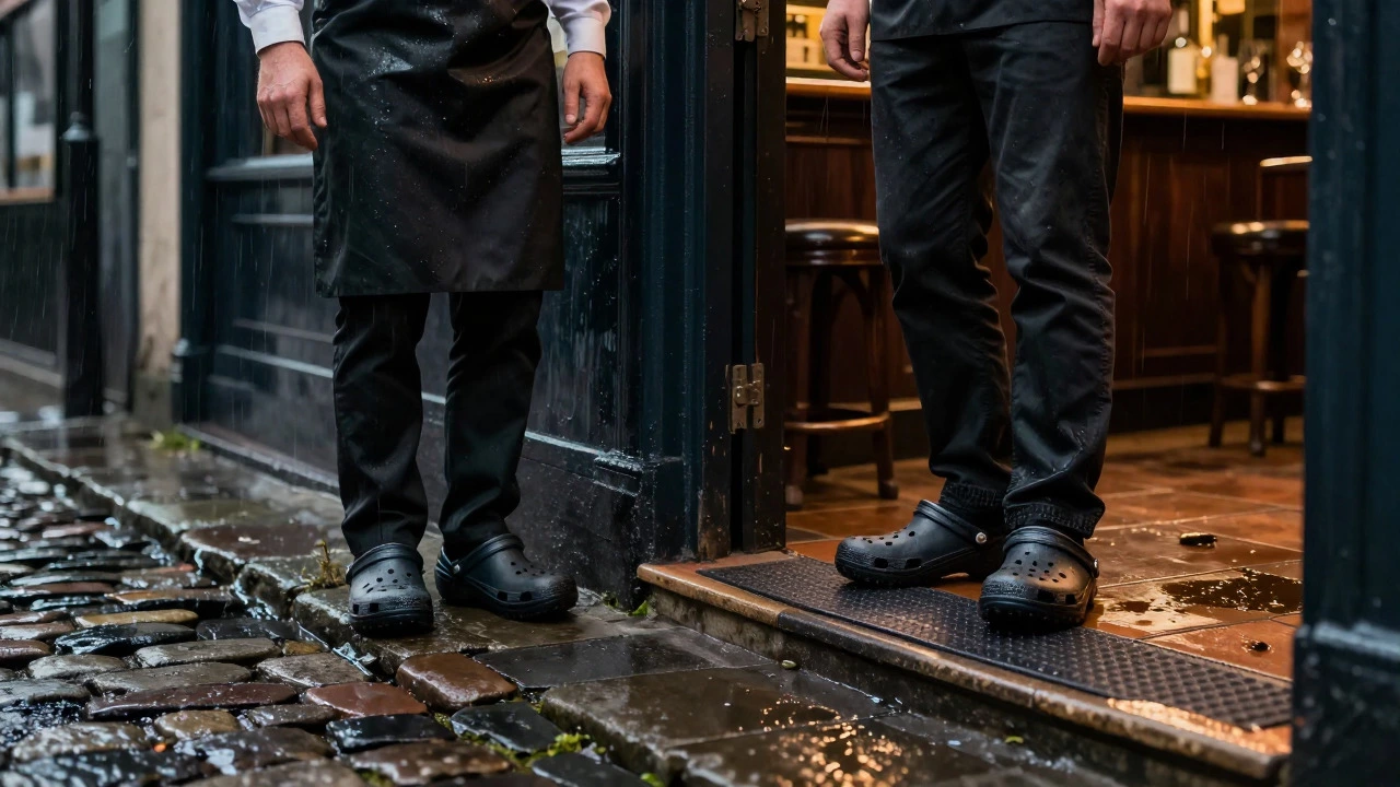 Server stepping from rainy cobblestones to slick indoor tiles safely.