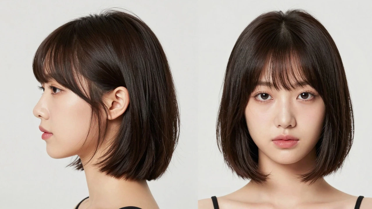 Split image showing side-swept lob for round face and curtain bangs for heart face