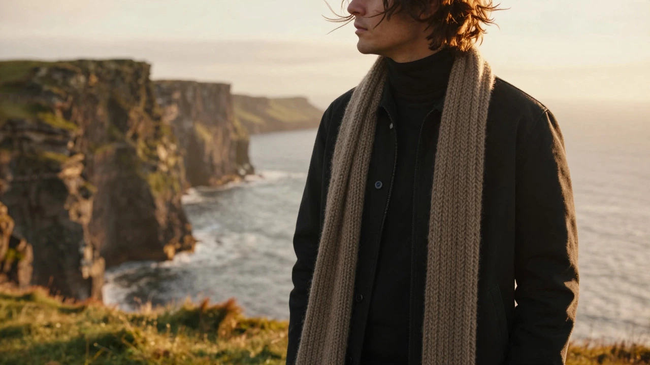 Stylish person in layered collarless jacket by Irish coast