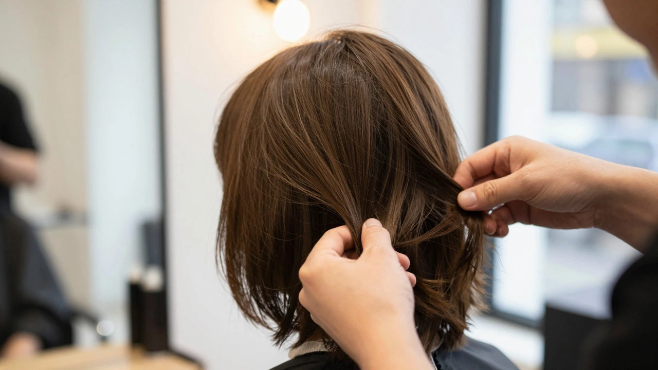 Stylist creating soft waves in a client's shaggy long bob in a salon