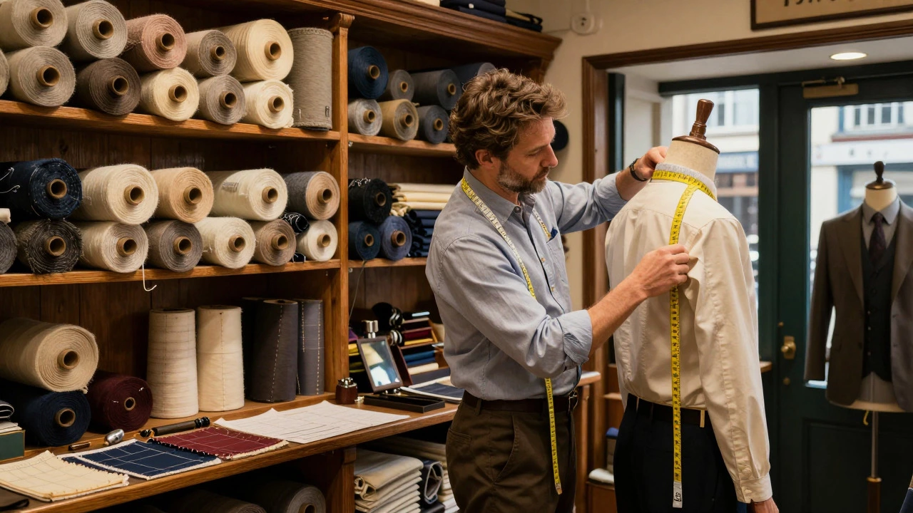 Tailor measuring a client in a traditional Irish shop