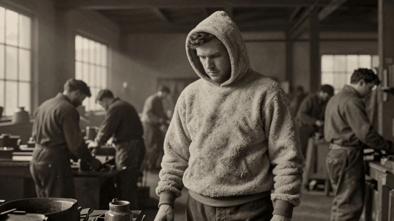Vintage illustration of an early 1900s factory worker wearing a hooded work shirt