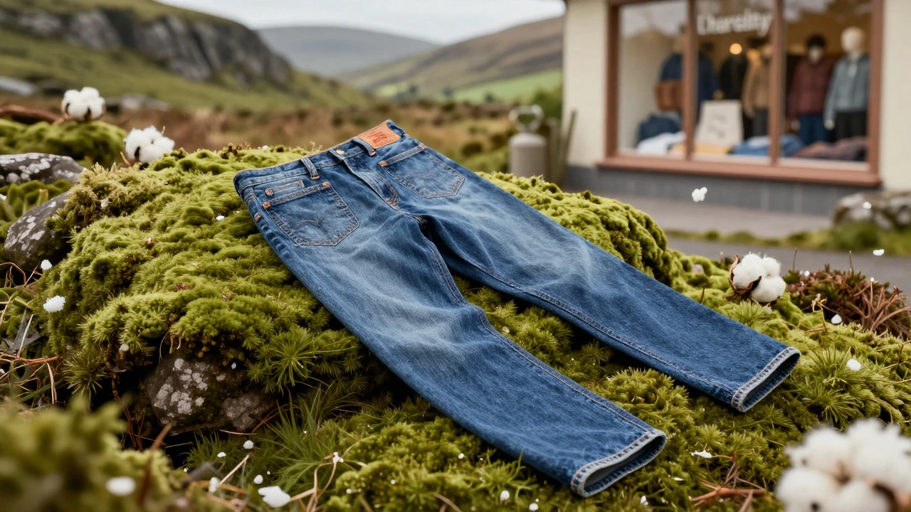 Vintage jeans on moss in Irish mountains symbolizing sustainable fashion