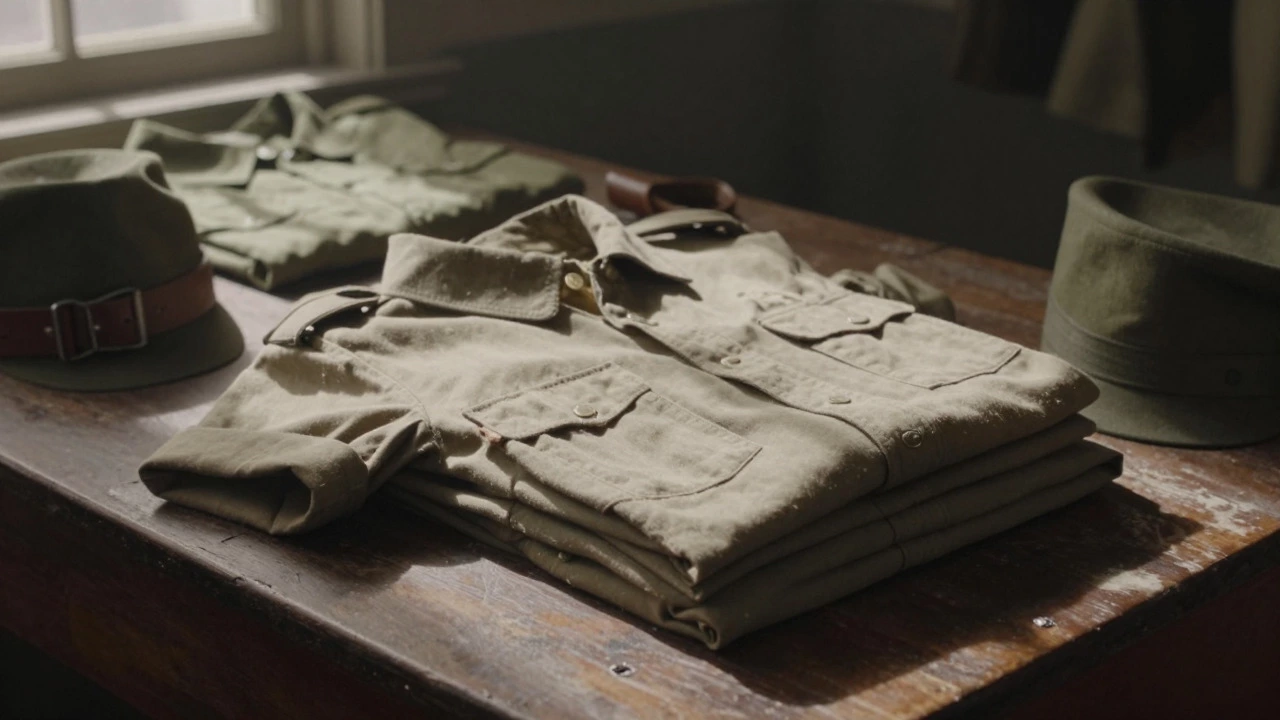 Vintage military undershirts on a wooden table