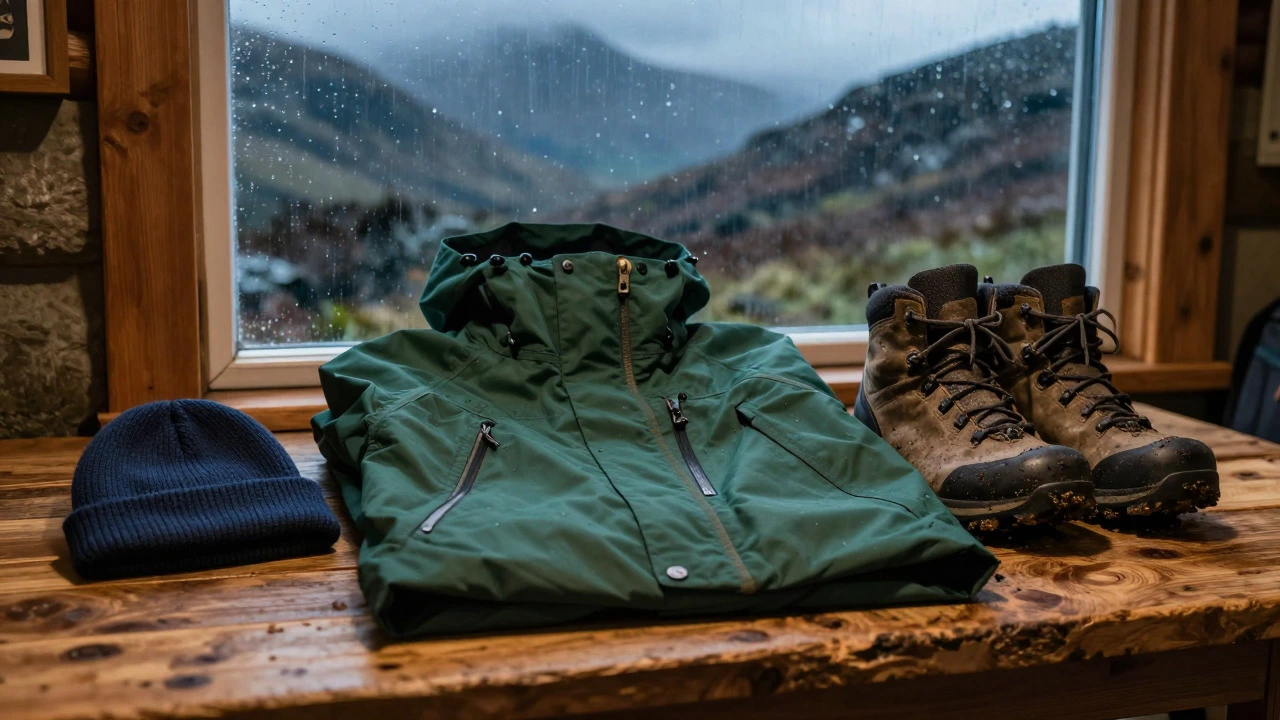 Waterproof hiking gear displayed on a table with stormy view