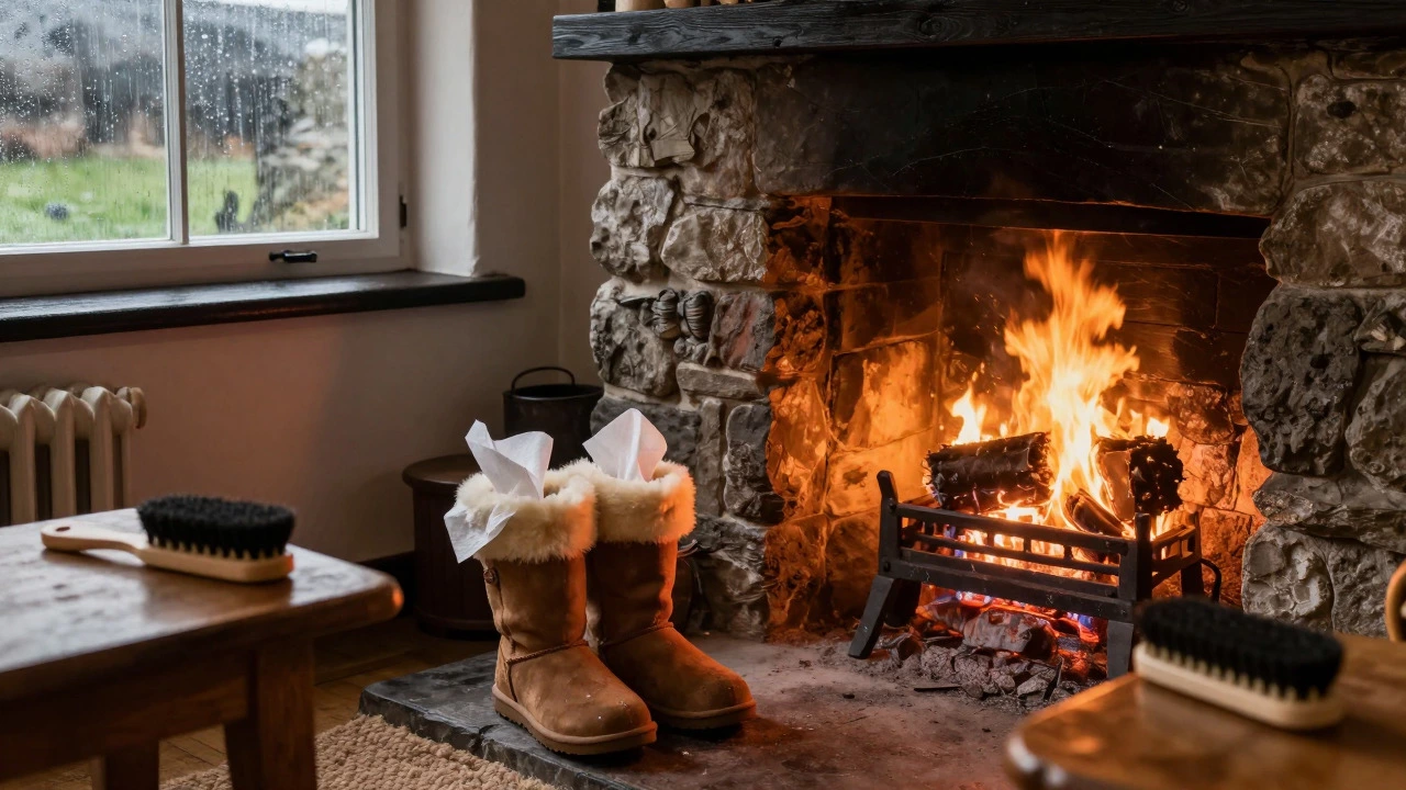 Wet UGG boots drying naturally with paper stuffing by a fire