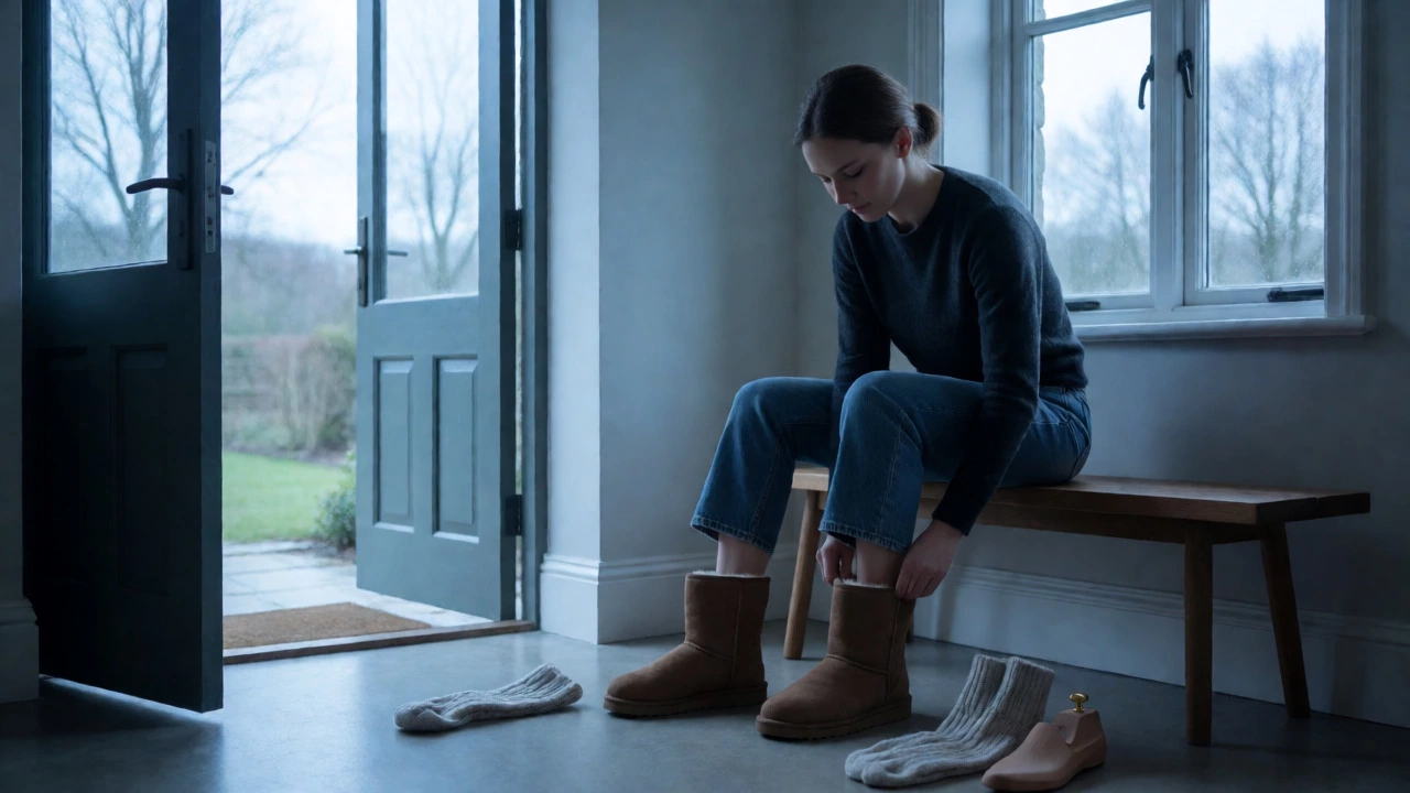 Woman putting on UGG boots with bare feet next to discarded socks in a modern home.