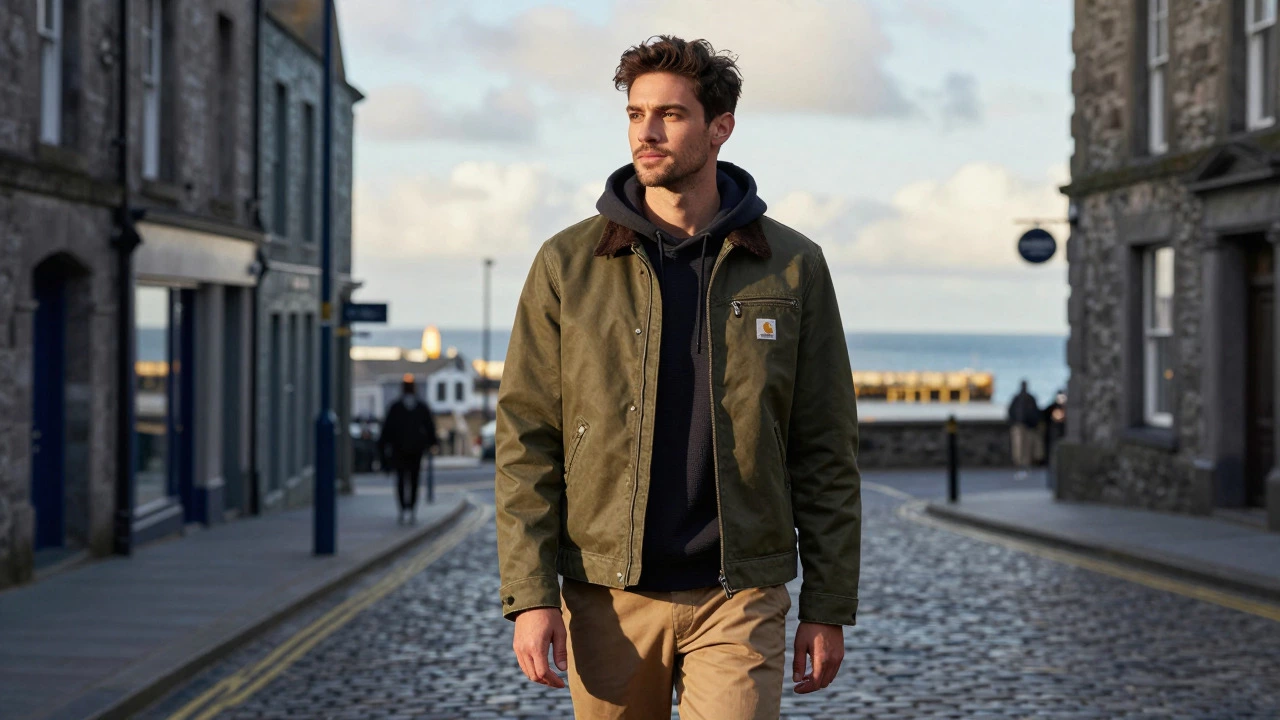 Young man in Galway wearing a stylish olive workwear jacket in autumn light