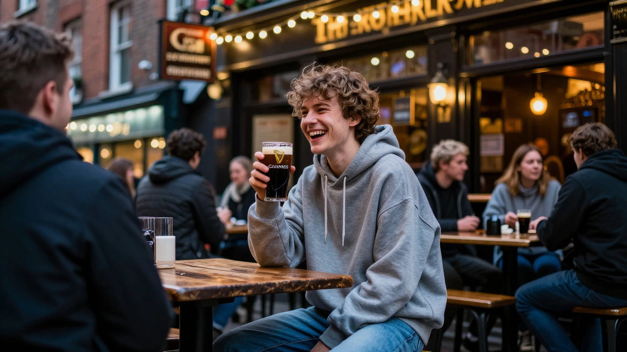 Young person enjoying a drink in a Dublin pub wearing a stylish hoodie