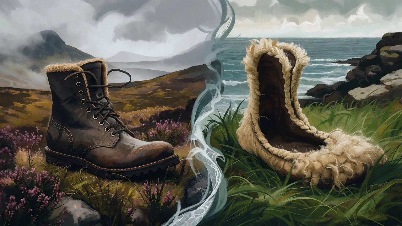 Artistic split view of Scottish snugs and Irish pampooties in landscapes