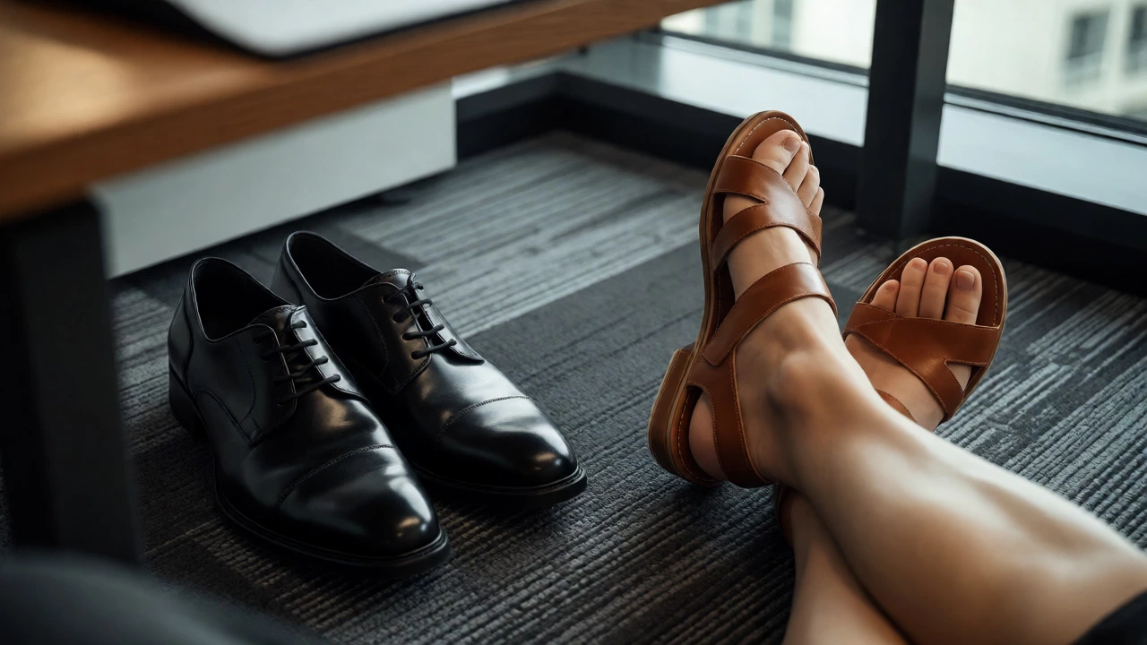 Close-up comparing oxfords and sandals under an office desk
