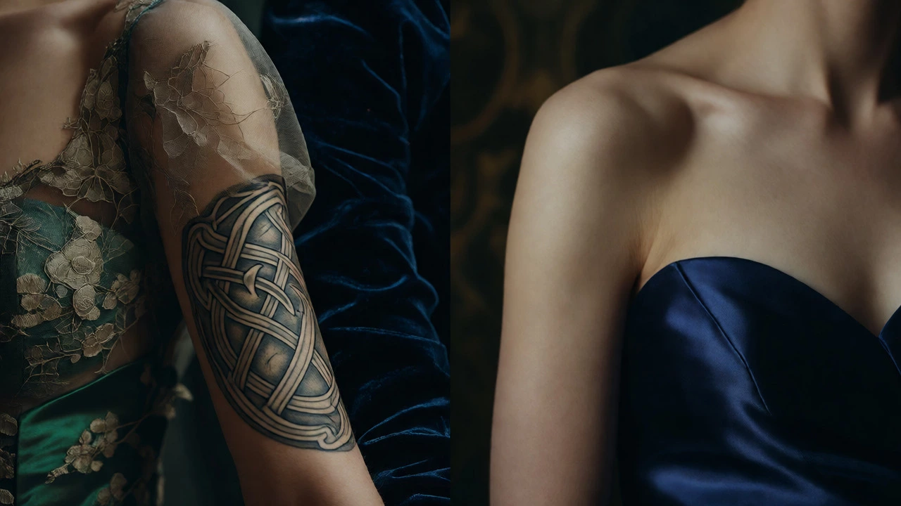 Close-up comparing tattooed arm in velvet sleeve vs bare skin in satin dress