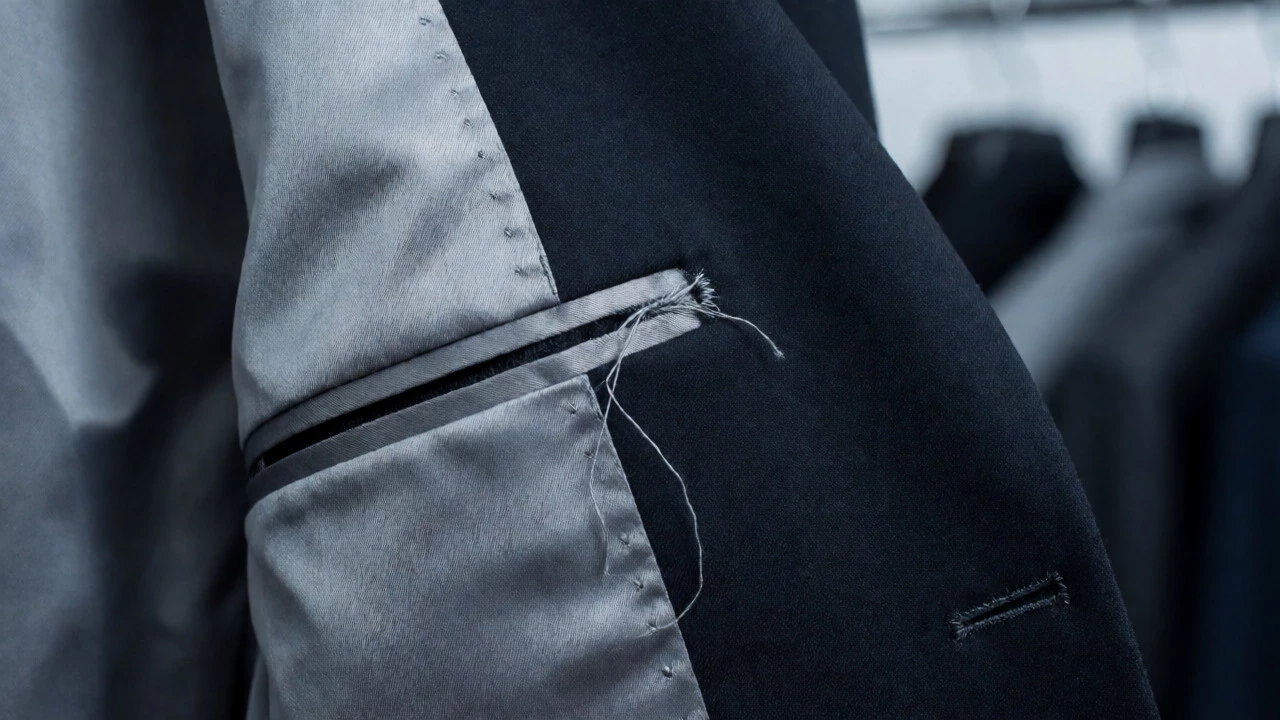 Close-up of bubbling fused lining and loose threads on a cheap suit