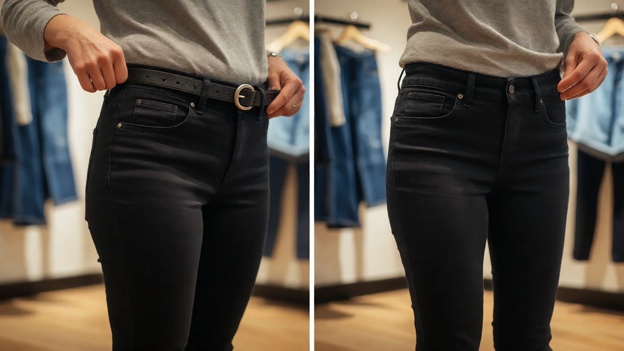 Close-up of contoured waistband jeans fit