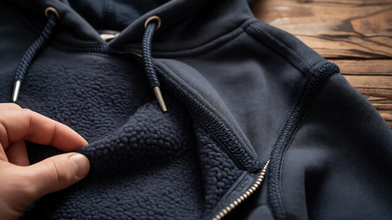 Close-up of premium hoodie stitching and fleece lining texture