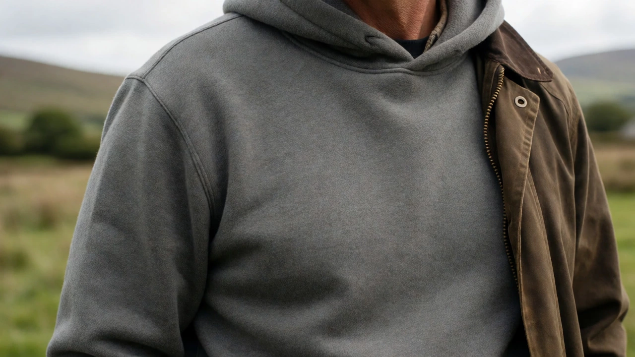 Close-up of well-fitted grey hoodie showing quality fabric and proper shoulder fit.