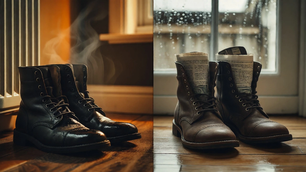 Comparison of leather boots drying near a radiator versus air-drying with newspaper stuffing.